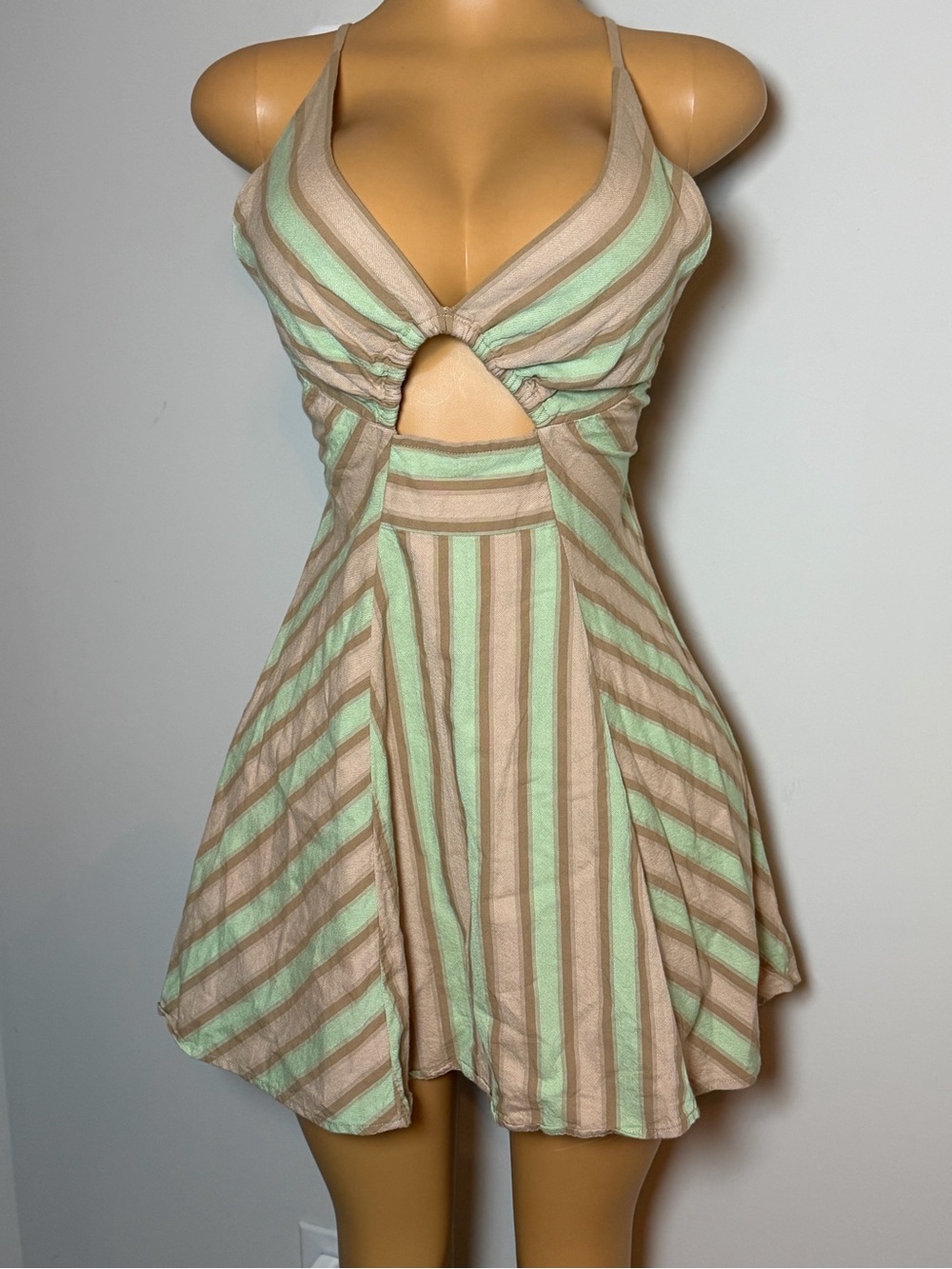 Free People Mint & Beige Striped Cutout Mini Dress